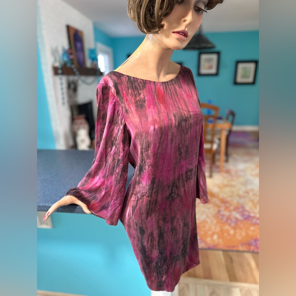 Alice + Olivia Silk Watercolor Boho-Chic Ethereal Belled Sleeve Mini Dress - S - Picture 11 of 12